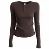Nuevo de Primavera y Otoño 230G Top de Manga Larga con Cuello Henley para Mujer Adelgazante Color Sólido Ropa Interior Deportiva Casual
