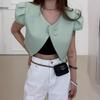 Chique Coreano Verão 2026 Novo Estilo Francês Elegante Chic Botão em Formato de Coração Manga Bufante Jaqueta Top para Mulheres