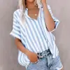 Camisa Feminina Casual de Manga Curta, Versátil, Listrada em Azul e Branco e de Cor Sólida, Moda Transfronteiriça Europeia e Americana