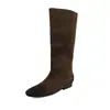 Botas femininas de cano alto feitas de couro bovino com acabamento desgastado, botas estilo coreano para outono e inverno de couro genuíno com bico redondo e salto baixo, para calçar sem fecho