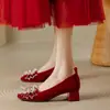 Sapatos Vermelhos de Salto Baixo para Noivado Sapatos de Noiva Salto Bloco Pés Não Cansados Absolutamente Lindos He Xiu Francês Vestido de Casamento Mulheres Grávidas Saltos Altos Femininos
