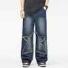 2026 Verão Jeans Masculino Longo Moda Tendência Popular Jovem Lavado Padrão Estrela de Cinco Pontas Reto Solto