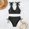 2026 Nuevo Bikini de Dos Piezas de Color Sólido con Cuello en V Transfronterizo Amazon de Cintura Alta Sexy de Moda para Manantial Caliente para Mujeres