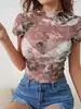 Verão Transfronteiriço Novo Estilo Manga Curta Floral Sexy Hot Girl Blusa de Chiffon Top Estampado Camiseta Feminina Europeia e Americana Vestuário Feminino de Comércio Exterior