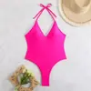 Nuevo Traje de Baño de una Pieza de Comercio Exterior Europeo y Americano con Cuello Halter Espalda Descubierta Grande Sexy para Mujer Amazon Transfronterizo
