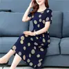 Vestido de Verano para Madre Talla Grande de Seda de Hielo con Lunares de Manga Corta Moda Femenina Cintura Ajustada Adelgazante Falda Elegante de Longitud Media