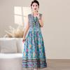 Vestido Algodão Seda Decote V para Mulheres, Estilo Verão, Aparência Emagrecedora para Meia-Idade, Moda Floral, Saia Solta, Vestido para Mãe, Saia Longa