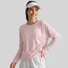 Top de manga longa para yoga feminino com cordões laterais, alta elasticidade, camiseta fitness modeladora, cobertura respirável