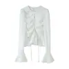 Ropa de mujer transfronteriza al por mayor 2026 Estilo dulce francés irregular volantes manga de campana cuello redondo cordón camisa top