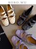 Versión de Piel de Oveja ~ Zapatos Mary Jane Cuadrados de Estilo Ballet Retro Francés para Mujer con Hebilla Cruzada Zapatos Deportivos Pequeños de Cuero Zapatos de una Sola Capa