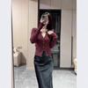 Nuevo Otoño Temprano Estilo Francés Lujo Ligero Elegante Único Chic Top de Punto de Manga Larga Rojo Chanel para Mujer