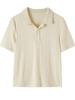 Camisa Polo Gris de Seda de Hielo Tejida de Manga Corta para Mujer Verano 2025 Nuevo Top de Manga Media en el Hombro Derecho Verano Negro