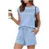Conjunto feminino de shorts e camiseta de manga curta estilo europeu e americano, camiseta redonda com pregas no peito e shorts com bolso de cordão, conjunto casual de duas peças