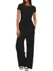 Conjunto Casual de Cor Sólida com Top de Manga Curta Franzido e Calça Wide Leg de Cintura Alta - Roupa Esportiva - Lançamento Europeu e Americano da Amazon