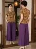 Conjunto de Verão para Mães de Meia-Idade e Idosas, Novo Estilo Chinês, Chique, Rejuvenescedor, Roupa Feminina para Meia-Idade e Idosas, Blusa de Manga Curta, Calça Reta, Estilo Chinês