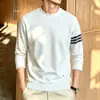 Camiseta de manga larga de alta gama estilo TB para primavera y otoño para hombre, estilo Tommy con dobladillo lateral abierto, cuello redondo a rayas, camiseta básica holgada para hombre