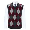 Colete transfronteiriço de gola V para outono e inverno, colete masculino sem mangas com padrão de losangos, suéter jacquard espessado para meia-idade, colete de tricô masculino