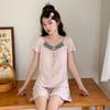 Pijama Sexy de Encaje de Manga Corta Estilo Nuevo 2025 con Almohadillas para el Busto para Mujer Verano Simple Color Puro Casual Conjunto para Estar en Casa