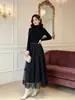 Falda Larga de Malla con Adorno de Encaje Suave Estilo Francés, Tiro Alto, Dobladillo Amplio, Falda Larga de Línea A con Volantes, Nuevo Estilo de Otoño