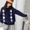 Cardigã de Malha Argyle para Meninas 2026 Nova Coleção Primavera/Outono para Crianças Médias/Grandes Estilo Coreano Solto Gola Redonda Peça de Malha Superior