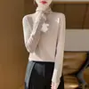 Camiseta Básica de Manga Larga de Punto para Mujer, Color Sólido, Cuello Alto, Forro Polar, Otoño e Invierno, Ajuste Ceñido, Cálida, Amigable con la Piel