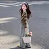 Conjunto de Roupa de Outono para Meninas 2026 Novo Conjunto de Duas Peças Vintage Listrado e Calça Pantalona para Meninas Mais Velhas Roupa Casual