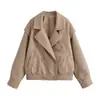 Ropa de mujer de venta caliente transfronteriza en Amazon para el otoño de 2026: Chaqueta de cuero de doble botonadura color caqui claro con diseño holgado, corta y cuello de solapa