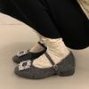 Gris Brisa Nocturna Zapatos Mary Jane Pequeños de Lana Aromaticos Punta Cuadrada Tacones Altos con Pedrería Zapatos Cálidos de Tacón Grueso Poco Profundos con Forro de Felpa