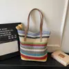 Bolso Casual Tejido Color-Blocking Versátil Bolso de Hombro para Vacaciones Nuevo Estilo Estilo Mori Arcoíris Paja Hecho a Mano Rayado Bolso de Hombro