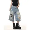 Shorts de mezclilla rotos estilo retro americano de alta calle talla grande para mujer, pantalones de verano, pantalones rectos cropped de cintura alta adelgazantes