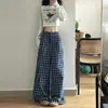 Pantalones Casuales de Pierna Recta a Cuadros para Mujer, Nuevo Estilo Perezoso de Verano Retro de Cintura Alta Sueltos de Pierna Ancha Pantalones Largos hasta el Suelo Ins