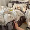 Conjunto de cama de quatro peças em renda estilo Hepburn francês, puro algodão, novo conjunto de capa de edredom estilo princesa, todo em algodão, para todas as estações