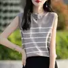 Top regata de tricô de seda gelada listrado sem mangas, estilo chique francês, transfronteiriço, para mulheres, fino para o verão, rejuvenescedor, bonito e estiloso