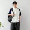 Camiseta Estilo Americano Moderna Color Block de Algodão Puro Manga Curta para Homem, Mangas Raglan, Casual Solto Versátil de Verão