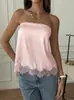 Top Tubo Elegante y Sexy con Dobladillo de Patchwork de Encaje Satinado Estilo Francés, Atuendo Blanco de Verano para Vacaciones en la Playa Viajes