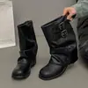 Botines plisados de tacón grueso para mujer, nuevo estilo primavera/otoño 2026, botas cortas negras de tacón grueso para combinar con faldas, botas Martin estilo motociclista