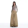 Jeans de tiro alto color caqui con puño para mujer, nuevo estilo otoño e invierno, con diseño de pliegues, pierna ancha holgada y caída suave