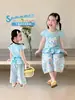 Conjunto de Roupa de Verão para Meninas 2026 Novo Estilo Crianças Estiloso Camiseta de Manga Curta Meninas Crianças Mais Velhas Moda Calça de Pernas Largas Conjunto de Duas Peças
