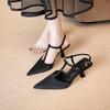 Sandálias de Bico Apontado em Seda e Cetim Francês para Uso Externo de Verão Feminino Tiras em T com Salto Agulha e Costas Vazadas Flats Moda Salto Alto