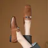 Mocassins Simples para o Dia a Dia Feminino, Sapatos Baixos Slip-On com Fivela e Bico Quadrado, Sapatos Pequenos Casuais Retrô de Couro Genuíno para Mulheres