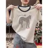 Camiseta de Manga Corta para Mujer con Bloques de Color, Algodón Puro, Moderna y Versátil, Rejuvenecedora y Adelgazante, Top Gris Floral Ligero para la Moda de Verano