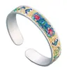 Pulsera de Plata Pura 9999 Cloisonné Plata de Ley para Mujer con Flor de Peonía Esmaltada Dorada Pulsera Abierta de Plata Maciza para Mamá
