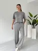 Conjunto Casual de Pantalones Largos Nuevo Otoño Europeo y Americano Estación Independiente Transfronteriza Conjunto de Dos Piezas para Mujer de Color Sólido con Top de Manga Corta y Pantalones Largos