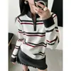 Suéter Tricô Listrado Colorido Retro Americano com Zíper Meio Zíper Feminino Primavera Outono Solto para Camada Sensação Preguiçosa Top de Tricô