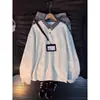 Sudadera de cuadros tipo patchwork estilo americano, imitación de dos piezas para hombre, marca nueva y moderna, diseño holgado, top versátil con cuello polo, moderno
