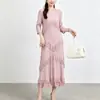 Vestido Miyake para mujer, de alta gama, multicapa, borlas triangulares, plisado, cuello redondo, manga de tres cuartos, corte holgado, vestido elegante