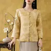Nueva chaqueta Tang de estilo chino, jacquard de satén, cuello redondo, elegante, abotonada, corte holgado, manga de tres cuartos, top estampado para mujer
