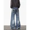 Jeans com Estampa de Letras de Design de Nicho Estilo Americano Transfronteiriço para Homens e Mulheres, Marca Tendência de Corte Solto Emagrecedor Casual Calças de Barra Reta