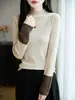 Elegante camisa base de cuello medio con bloques de color para mujer, nuevo top interior de punto ajustado para primavera y otoño, suave y elegante