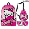 Nuevo producto 3D Cross-borDer: mochila escolar con diseño de Hello Kitty, bolso cruzado, estuche para lápices, conjunto de tres piezas con impresión